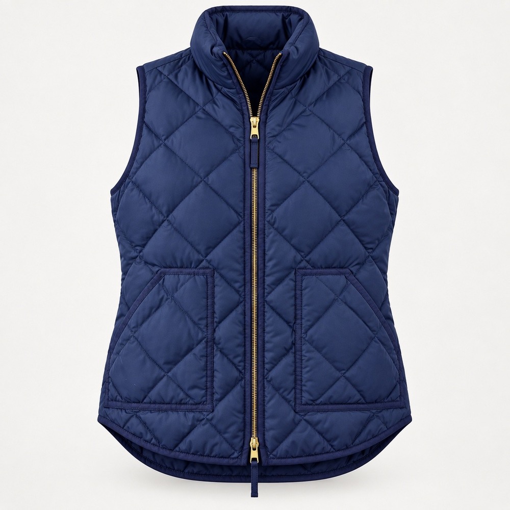J.Crew Quilted Puffer Navy Down Vest Down Double Zip Size M Equestrian Layering